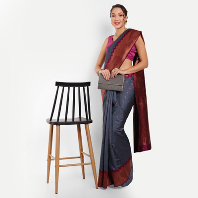 KH Enterprise Self Design Banarasi Silk Blend, Polyester Saree(Grey)