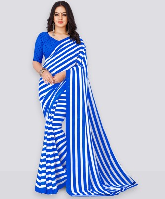 Anand Sarees Striped Daily Wear Georgette Saree(White, Blue)