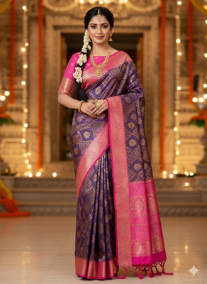 LOKAVANYA Printed Banarasi Cotton Silk Saree(Dark Blue)