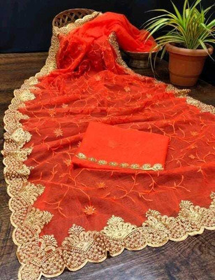 FINERFLY Embroidered Bollywood Net Saree(Orange)