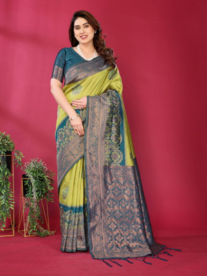VASTUKALA Woven Kanjivaram Pure Silk, Art Silk Saree(Yellow, Blue)