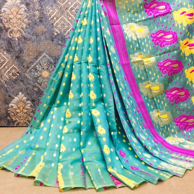 Niwaa Woven, Floral Print, Self Design, Temple Border Jamdani Cotton Blend, Jacquard Saree(Green)