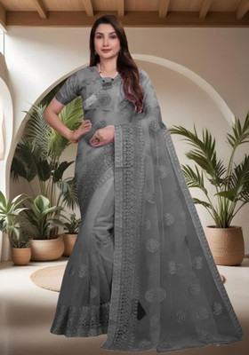 NIYANTAKSH Embroidered, Self Design, Floral Print Bollywood Net Saree(Grey)