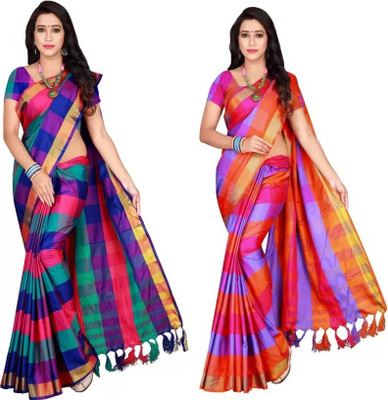 Pooja Designer Wear Checkered Chettinadu Cotton Silk Saree(Pack of 2, Multicolor)