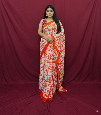 Reet Designer Printed, Geometric Print Daily Wear Cotton Blend Saree(White, Orange)