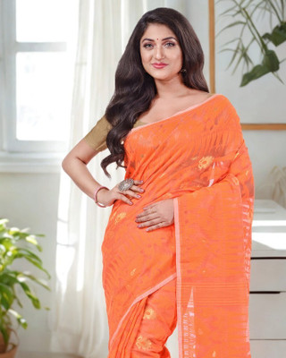 Desh Bidesh Woven, Solid/Plain, Self Design Jamdani Handloom Cotton Blend, Pure Cotton Saree(Orange)