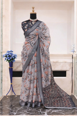 HouseOfCommon Floral Print Bollywood Linen Saree(Multicolor)