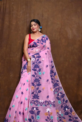 RIDDHIMAN FASHION Woven Jamdani Cotton Silk Saree(Pink, Blue)