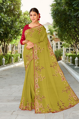 Laxmipati Sarees Embroidered Saree with Attached Blouse Chiffon Saree(Green)