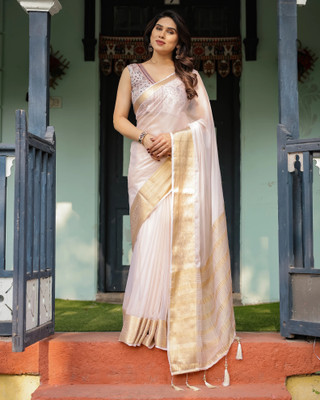DHAYNAAND REEWA FASHION Solid/Plain, Embellished Bollywood Chiffon Saree(White, Cream)