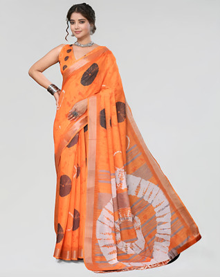 VCREATION Digital Print Bollywood Cotton Linen Saree(Orange)