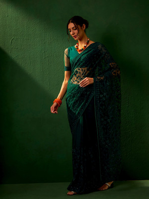 manvaa Embroidered Bollywood Net Saree(Blue)