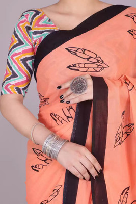 NIKHILAM Printed Daily Wear Pure Cotton Saree(Orange)