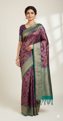 SHOOBHA Floral Print, Geometric Print Banarasi Silk Blend Saree(Blue, Green)