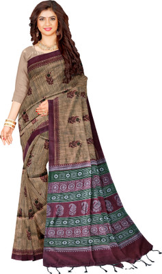 Joyguru Textile Floral Print, Printed Sambalpuri Cotton Blend Saree(Mustard)