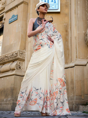 Sangria Printed Hand Batik Satin Saree(Cream)