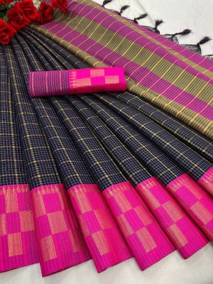 EN Creation Checkered Bollywood Cotton Silk, Pure Silk Saree(Dark Blue, Pink)