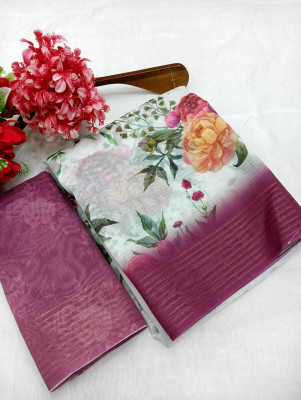 HouseOfCommon Woven Kanjivaram Chanderi, Pure Silk Saree(White, Magenta)
