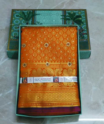 ZAINSAREEMAU Woven, Embellished Kanjivaram Brocade Saree(Orange)