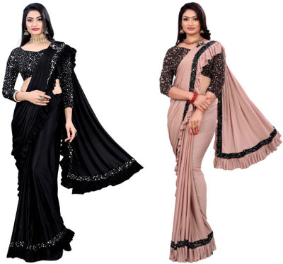 HARIOM FASHION Solid/Plain Bollywood Lycra Blend Saree(Pack of 2, Multicolor)
