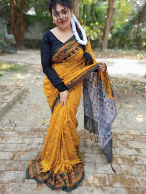 Bhadra Shopping Store Printed Sambalpuri Viscose Rayon, Cotton Blend Saree(Yellow)