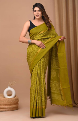 Rashmiwala Floral Print Bollywood Cotton Linen Saree(Green)