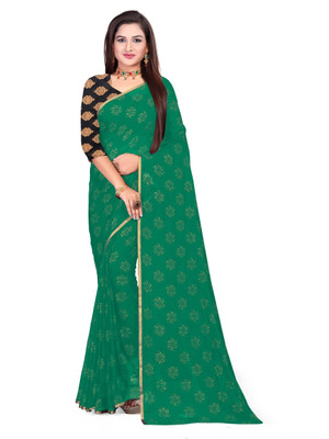 HouseOfCommon Printed Bollywood Chiffon Saree(Dark Green)