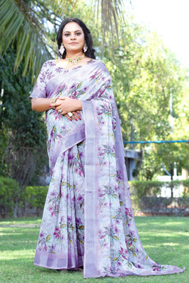 HIYAMI Printed Bollywood Cotton Linen Saree(Purple)