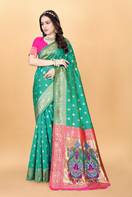 DHAYNAAND REEWA FASHION Woven Paithani Silk Blend Saree(Light Green)