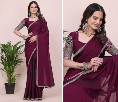 K 5 FASHION Solid/Plain, Embroidered Bollywood Chiffon Saree(Purple)