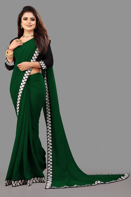 Jevlan Solid/Plain Bollywood Georgette Saree(Dark Green)