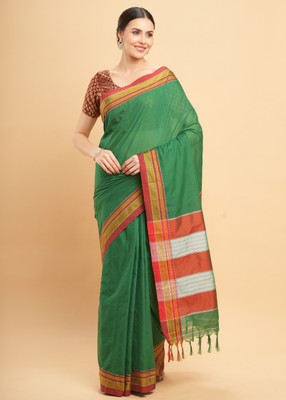 Manvish Drapes Woven, Solid/Plain Ilkal Cotton Silk Saree(Green)