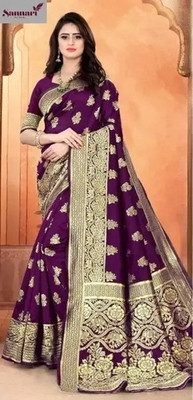 KAKADIYA Woven, Floral Print Banarasi Pure Silk Saree(Purple)