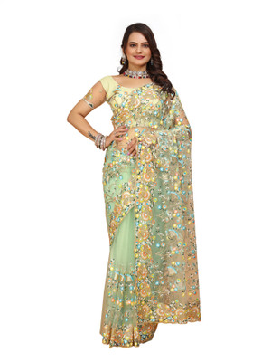 Tejal Creation Self Design Bollywood Net Saree(Green)