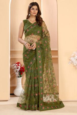 DWINIZAA STORE Embroidered Bollywood Net Saree(Green)