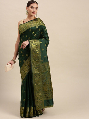 Shoponbit Woven Banarasi Jacquard Saree(Green)