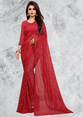 Paanthcreation Solid/Plain Bollywood Net Saree(Red)