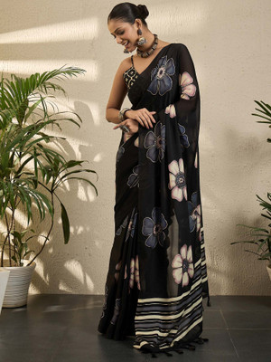 Divastri Floral Print Pochampally Georgette Saree(Black)