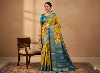 LOHEE Woven Kalamkari Silk Blend Saree(Maroon, Dark Green)