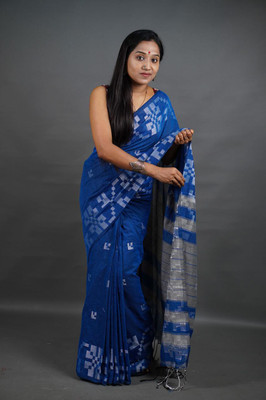 Roy saree center Geometric Print, Printed Handloom Pure Cotton Saree(Blue)