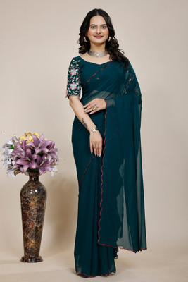 SAADHYA CREATION Embroidered, Solid/Plain Bollywood Georgette Saree(Dark Green)
