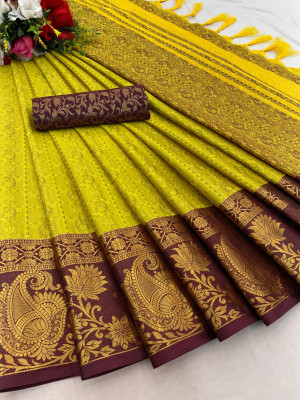 yourwish Woven, Embellished, Self Design Banarasi Silk Blend, Jacquard Saree(Light Green, Maroon, Gold)