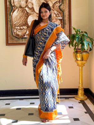 Sareemall Printed Ikkat Cotton Blend Saree(Grey)