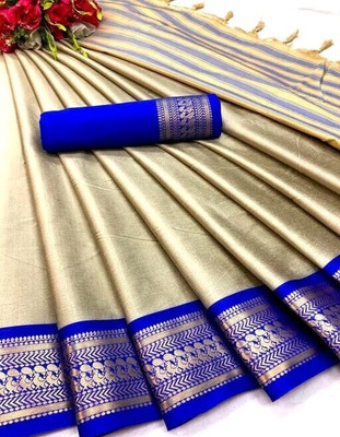 FashionZonee Embellished Banarasi Cotton Silk Saree(Blue)
