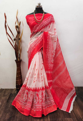 MAANVIT Self Design Bollywood Linen, Cotton Linen Saree(White)