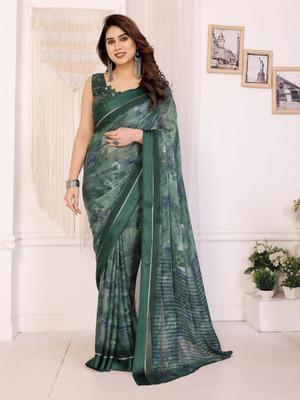 Margi Designers Printed, Floral Print Bollywood Satin Saree(Green)