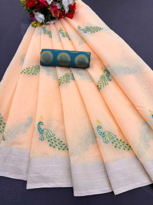 KRIVITY Embroidered Chanderi Cotton Linen Saree(Multicolor, Cream)