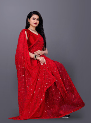 JAY RAMDEV FASHION Embroidered Chanderi Georgette Saree(Red)