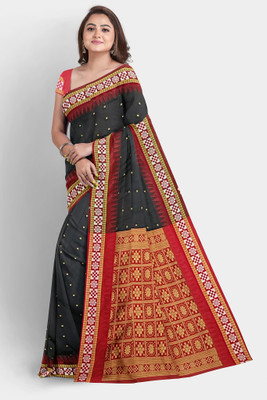 Cirkirow Temple Border, Solid/Plain Sambalpuri Cotton Linen Saree(Black)
