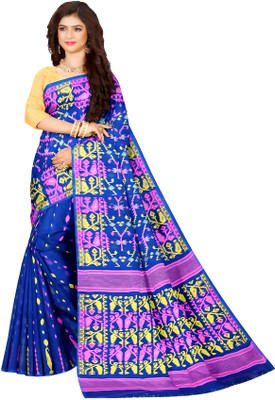 HARE KRISHNA ENTERPRISE Printed Handloom Cotton Silk Saree(Pack of 2, Blue)